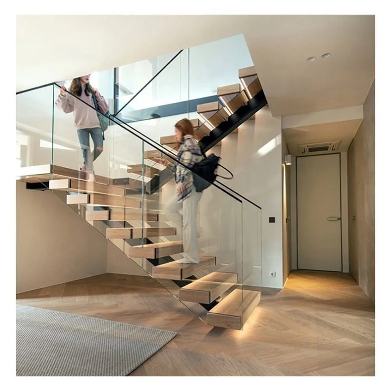 Alucasa Carbon Steel Indoor Glass Railing Wooden Handrail Straight Shape Customized Stairs