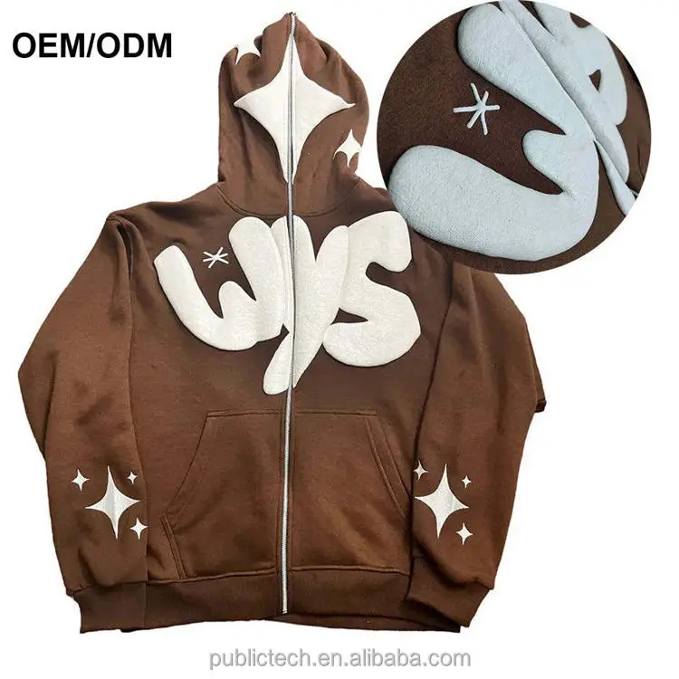 OEM Oversized Heavyweight 100% Cotton Zip up Brown Hoodie Custom Logo Streetwear Full Zip up Hoodie Puff Printing