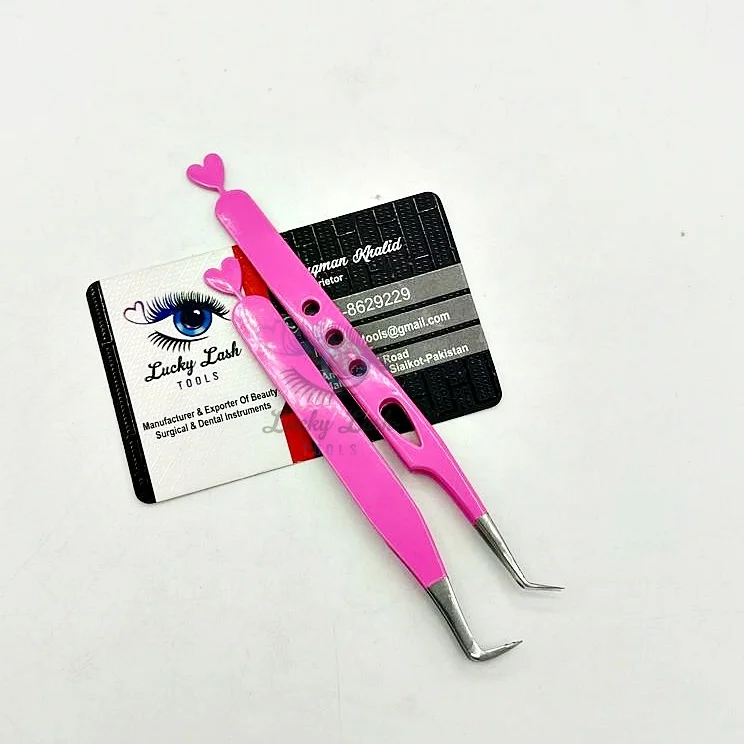 Powder Coating Pink Color Heart Shape Tail Eyelash Extension Tweezers Solid Stainless Steel false Eyelashes Customized Label