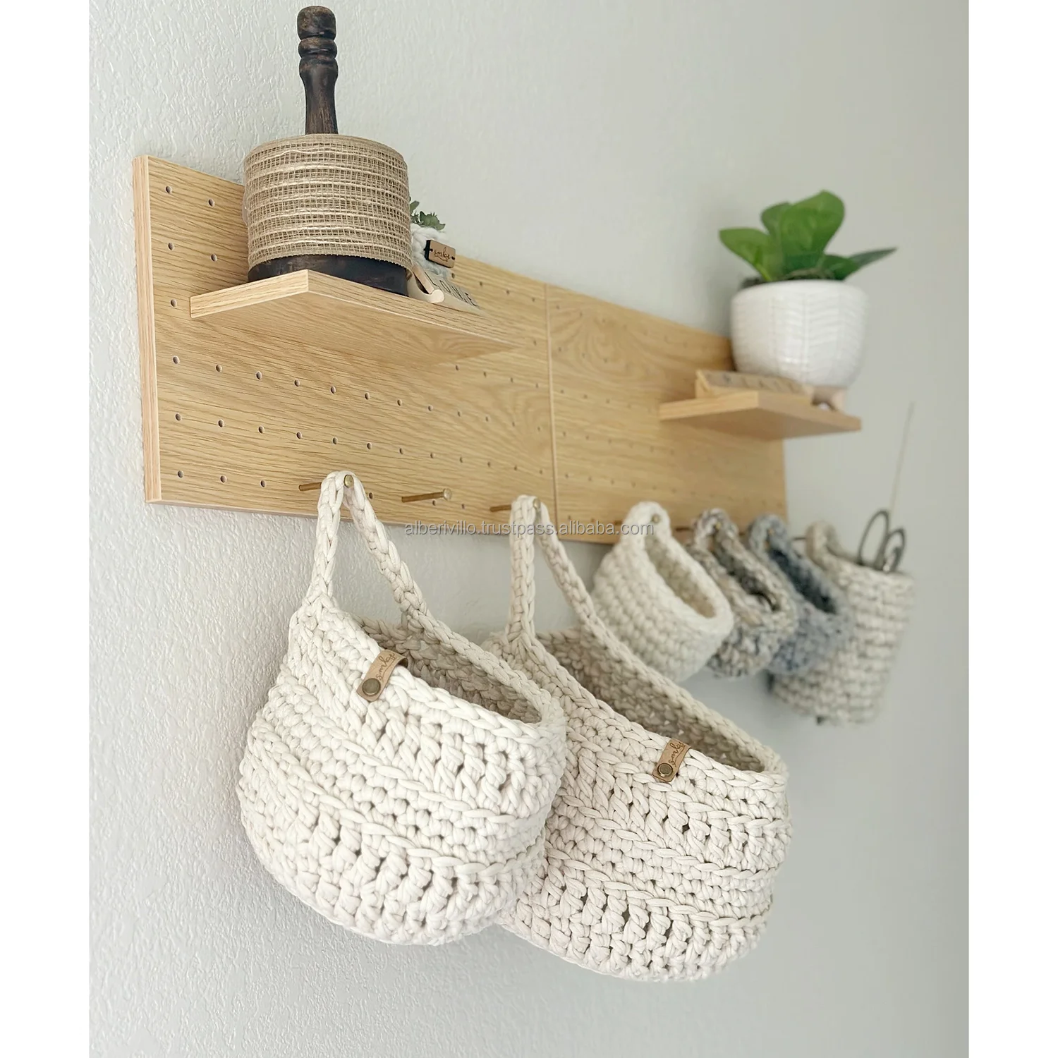 Cotton Boho Kitchen Wall Decor Handmade Crochet Small Hanging Basket Home Storage Organizer for Toys Books from India