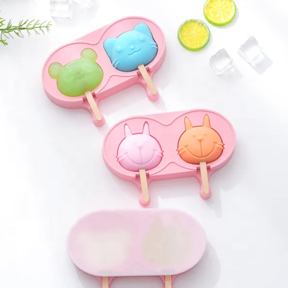 Amazing 2 Cavities Homemade DIY Reusable Silicone Animal Shaped Ice Cream Pop Maker Mold with Lids and Wooden Sticks