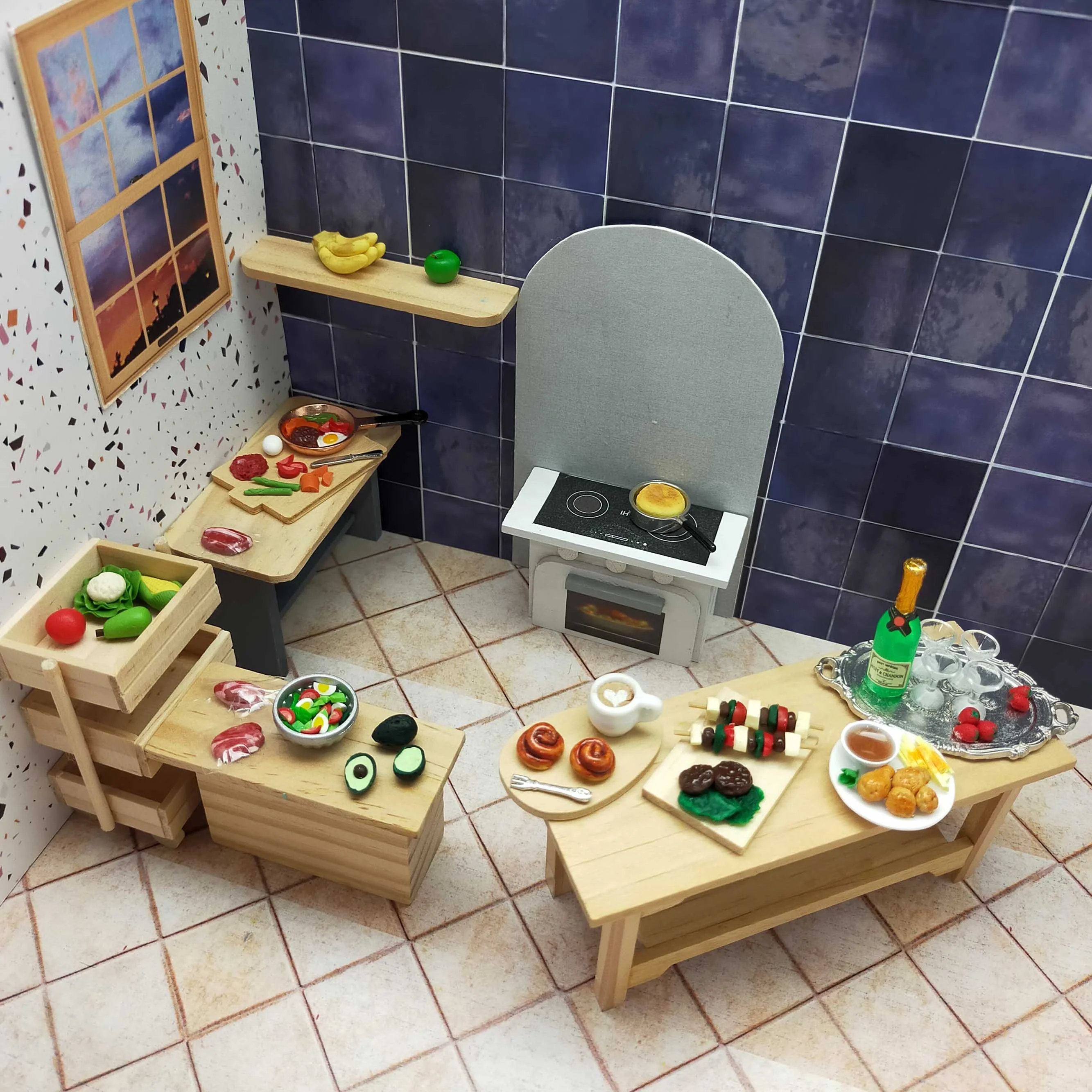 Миниатюрный кукольный домик 1:12 домашний салат для барбекю курица картофель фри шампанское кулинарный класс