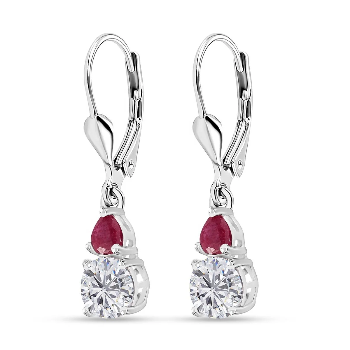 Moissanite and Niassa Ruby (FF) Lever Back Earrings in Platinum Over Sterling Silver High Quality Wholesale Earrings Jewelry