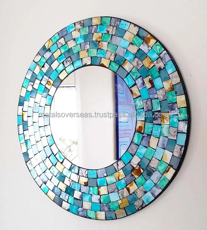 Modern Luxury round Wood Framed Glass Mosaic Hanging Mirror Large Decorative Wall Mounted Home for Living Room Bedroom Bathroom