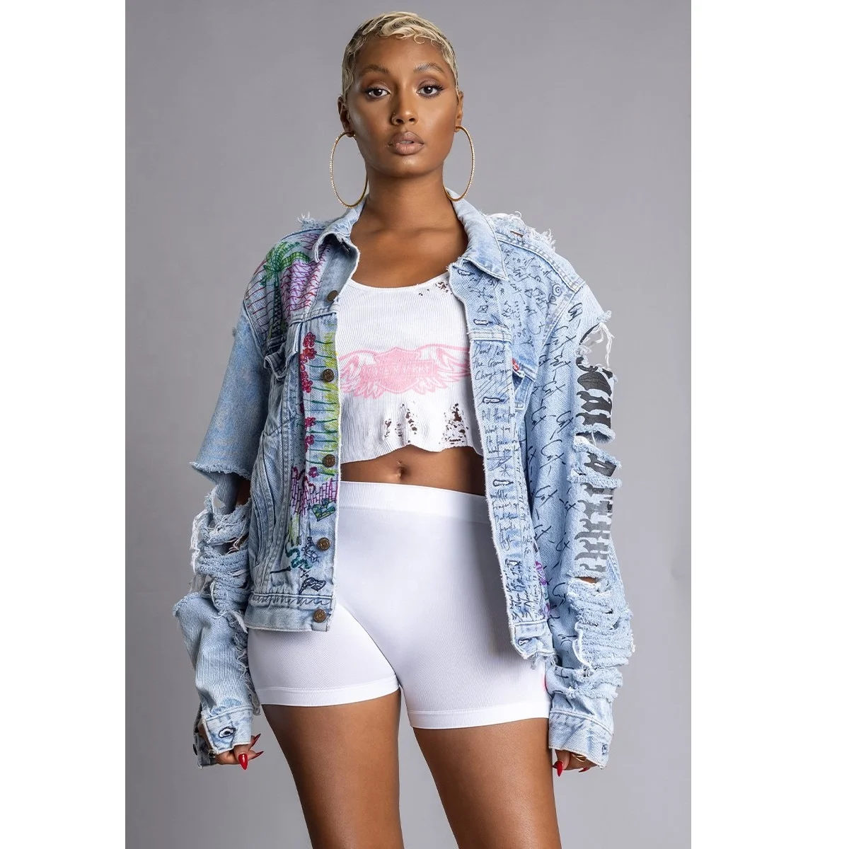 OEM Custom CHEETAH TRAP SHREDDED DENIM JACKET Cheap Printed Jeans Coat With Holes Denim Jean Jacket For Mens