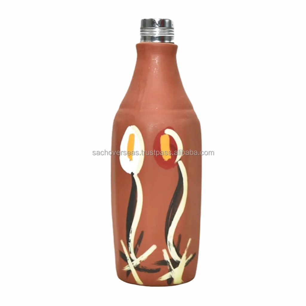 100% Handmade Indian Pottery Earthenware Brown Colour Painting Clay Water Bottle For Sale, Surai Water Bottle 1200 ML