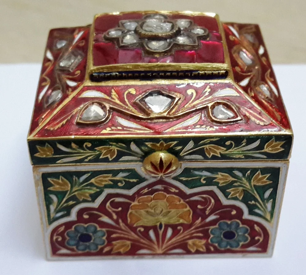 24Kt Gold Kundan Ancient Box With Natural Ruby Diamond Polki & Enamel for showcase multipurpose 57 grams