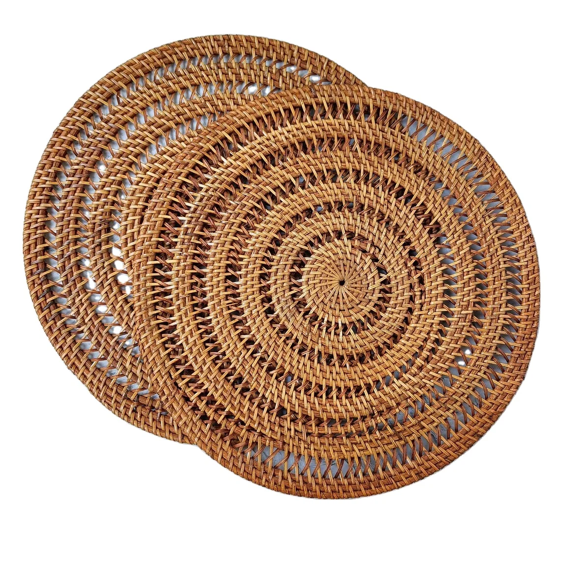 Set of 4 Honey Brown Spiral Round Rattan Placemats, Bohemian Placemats With Mesh Pattern, Home Decor Ideas