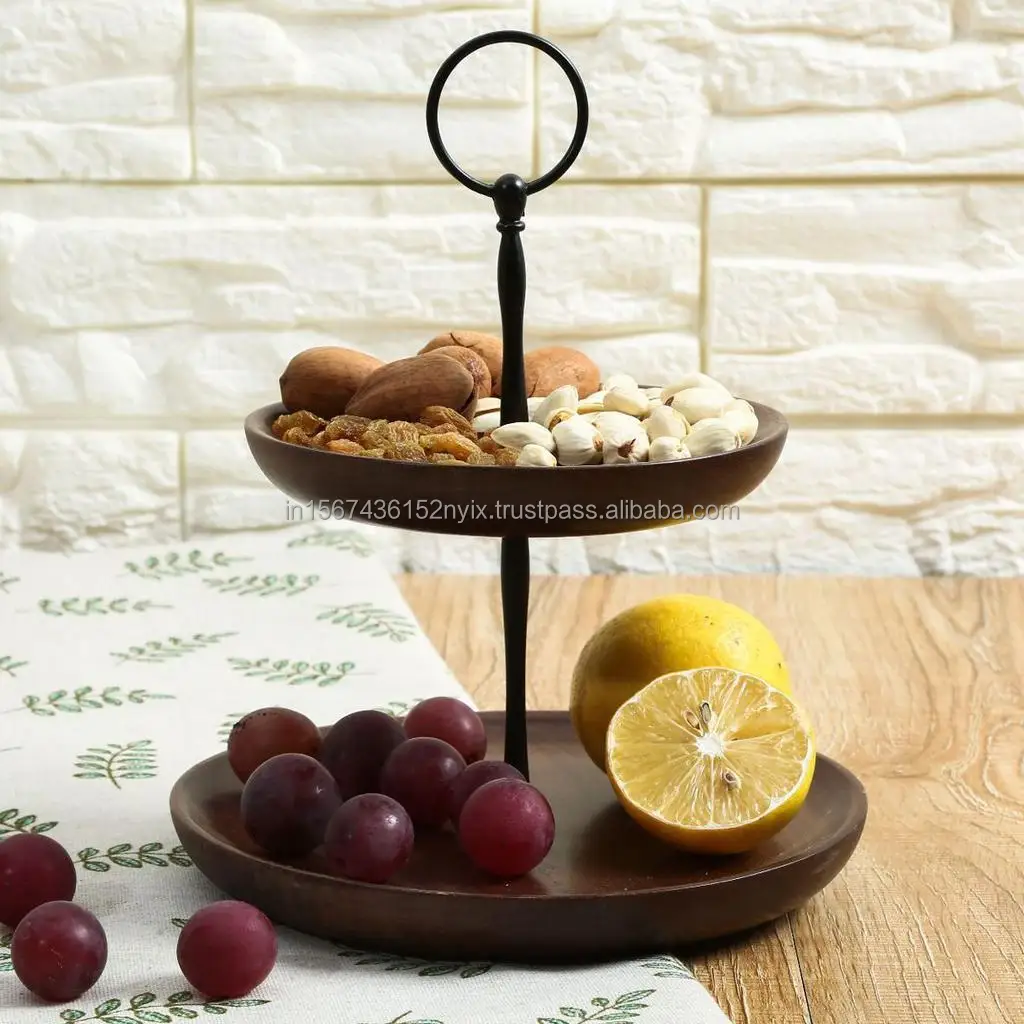 Great round Acacia Wood Fruit and Cake Stand with Metal Assembling Serving and Decorative Tray Tool Number Accessory