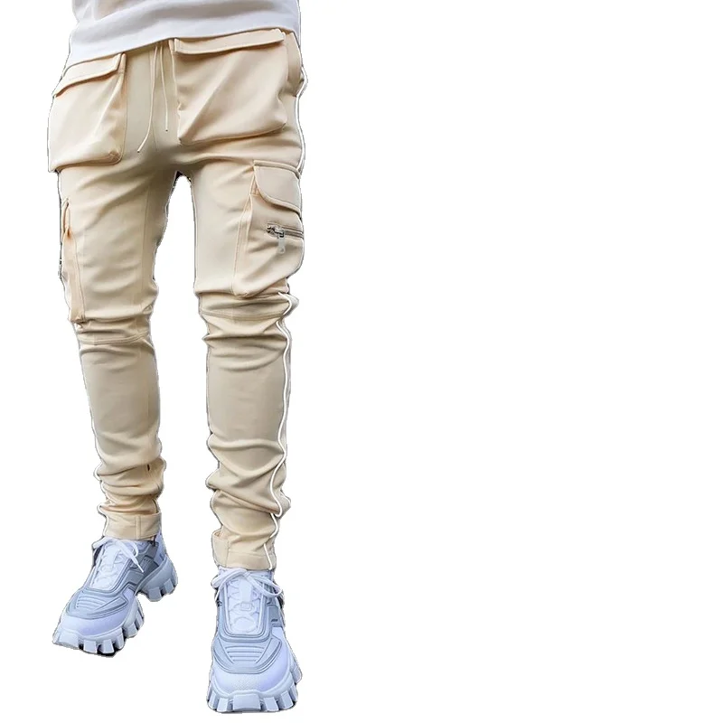 2024 Streetwear Reflective Stripe Cargo Men Stacked Joggers Sweatpants Pants With Pockets Top