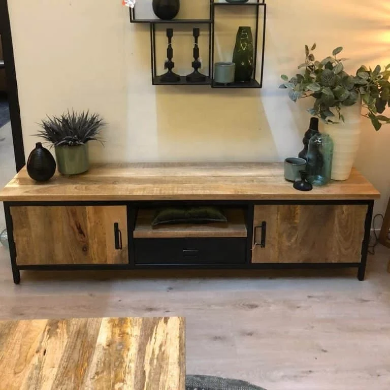Vintage Industrial TV Media Cabinet Unit Jodhpur Mango Ara Wood TV Unit Cabinet Living Room Iron Wooden TV Cabinet Storage