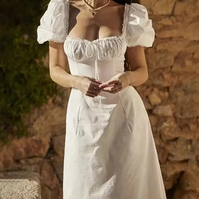 Summer Fashion Woman Slim Fit Sexy Puffed Sleeves Female Elegant Dresses White Wrap Waist Long Midi V Neck Maxi Casual Dress