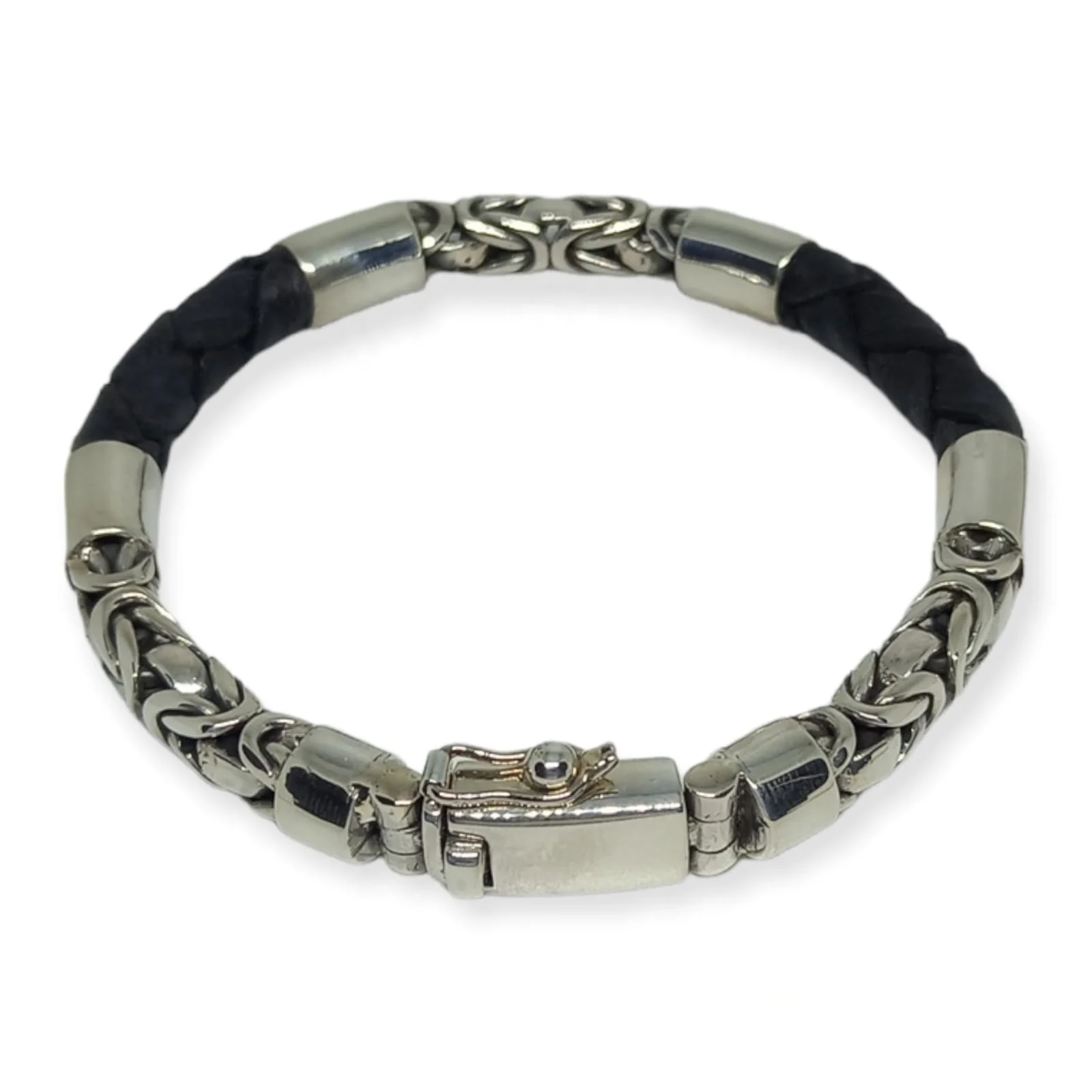 NY-CHB057-Sterling Silver Chain And Braided Leather Combo Bracelet Biker Accessories For Daily Use Gift For Men And Women