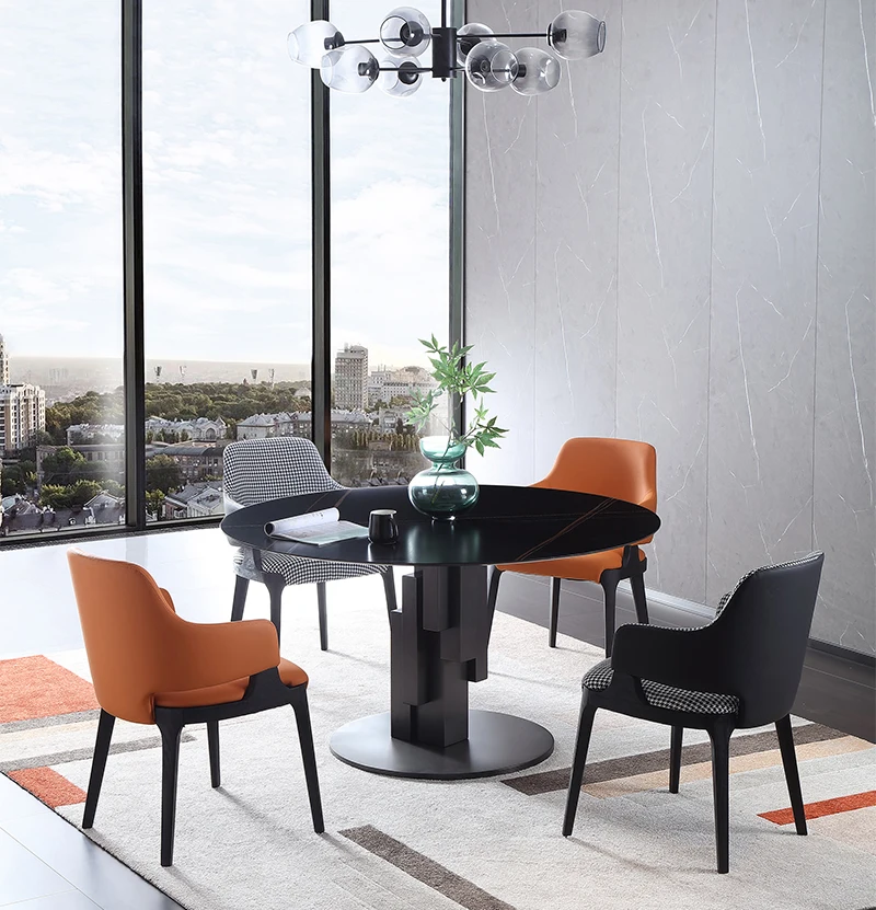 Luxury Diningroom Round Marble Dining Table Sintered Stone Top Stainless Steel Legs Lazy Susan Rotation Dining Table