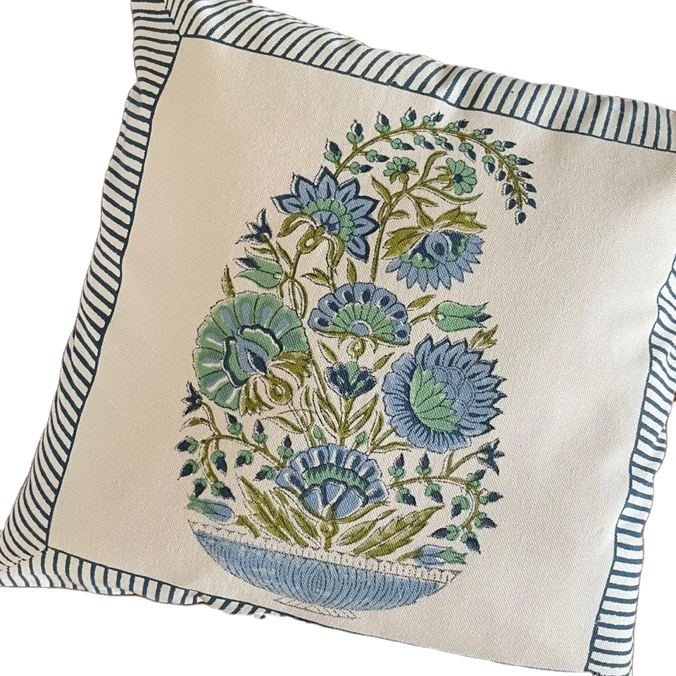 Hand block Print Cotton Linen Decorative Boho 40 X 40CM  Square Cushion Cover