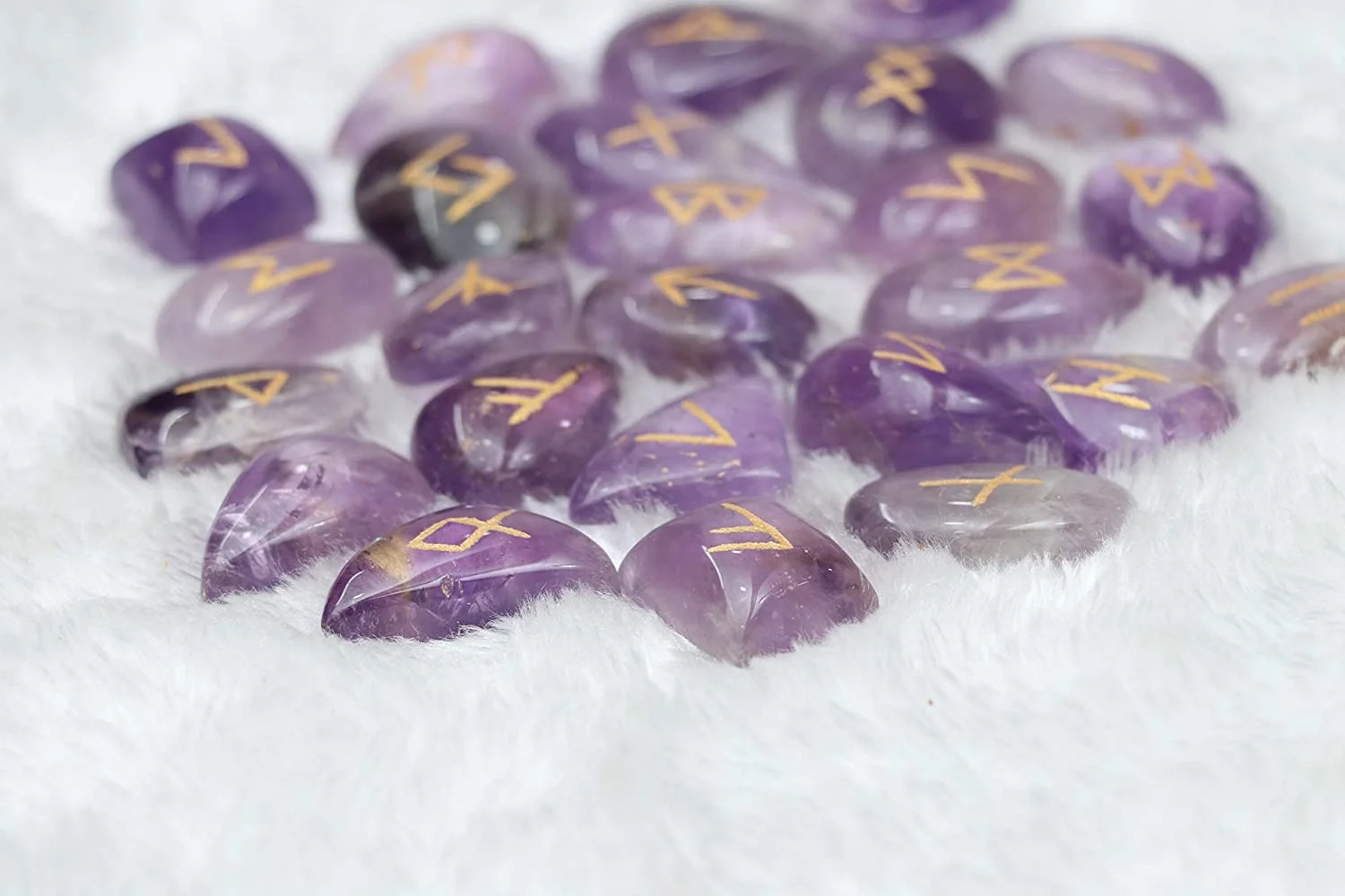 Drop Rune Stones Set Polished Witches Crystal with Engraved Elder Futhark Runic Alphabet for Pagan Lettering Viking Runes