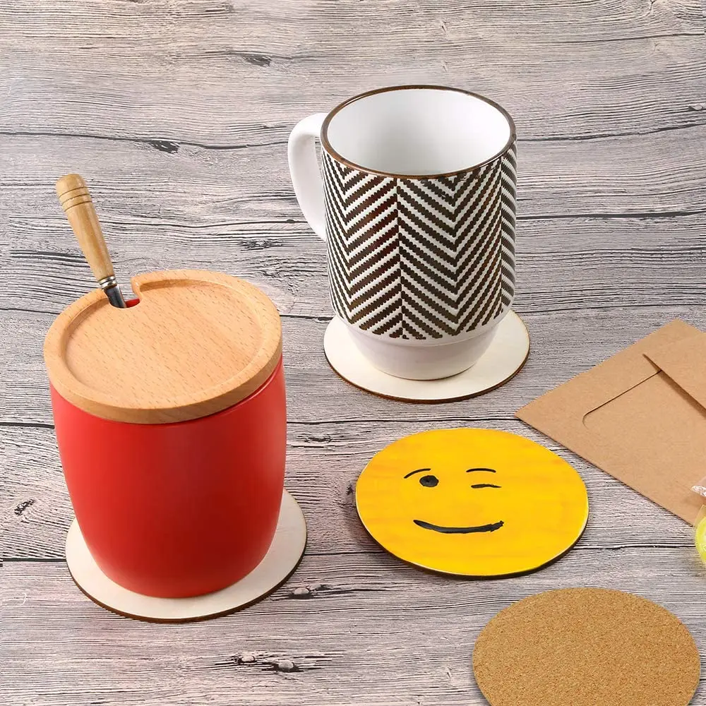 Custom Unfinished Wood Circle Pieces Cutout and Round Self-Adhesive Corks for Wooden Coasters DIY Crafts and Home Decoration
