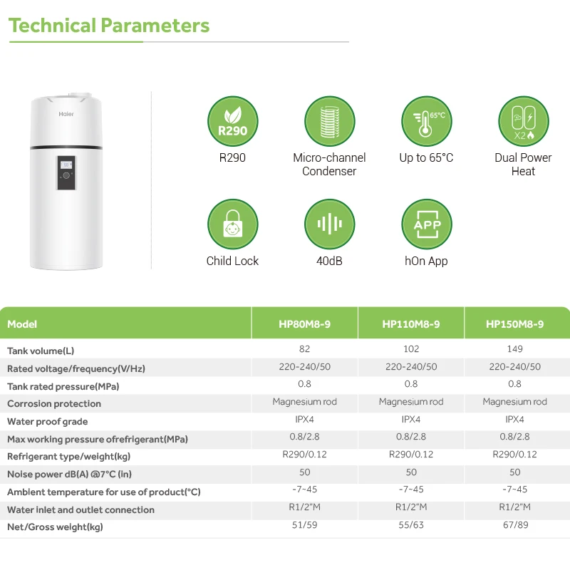 Haier Low Noise Wifi Control Residential R290 Air Source Heat Pump Air Energy All In One Hot Water Heater