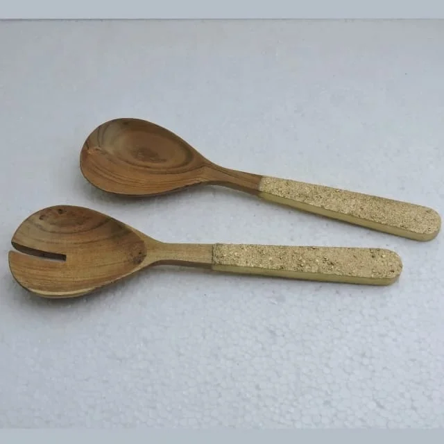 Acacia Wood Spoon with Iron Coated Handle Latest Design 2pcs Salad Spoon Set Server Kitchen Gadgets 2023 Food Serving Spoon