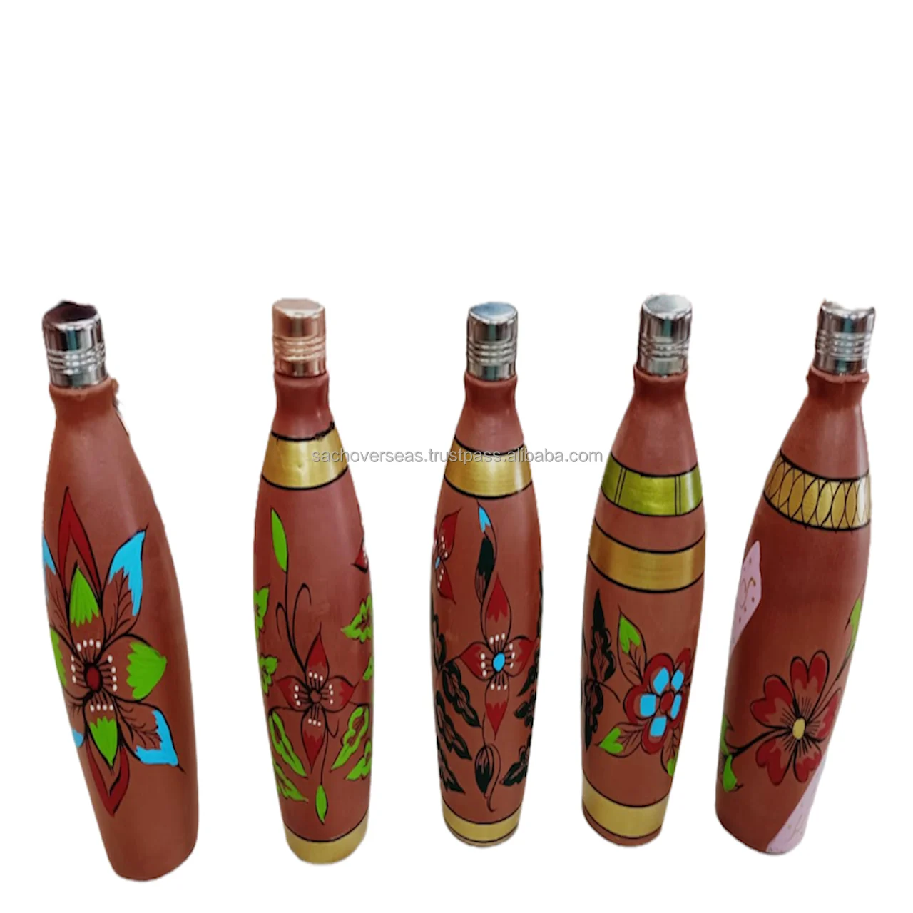 Handmade Earthen Clay Water Bottle With Unique Traditional Painting and Steel Lid For Drinking Water 900 ML
