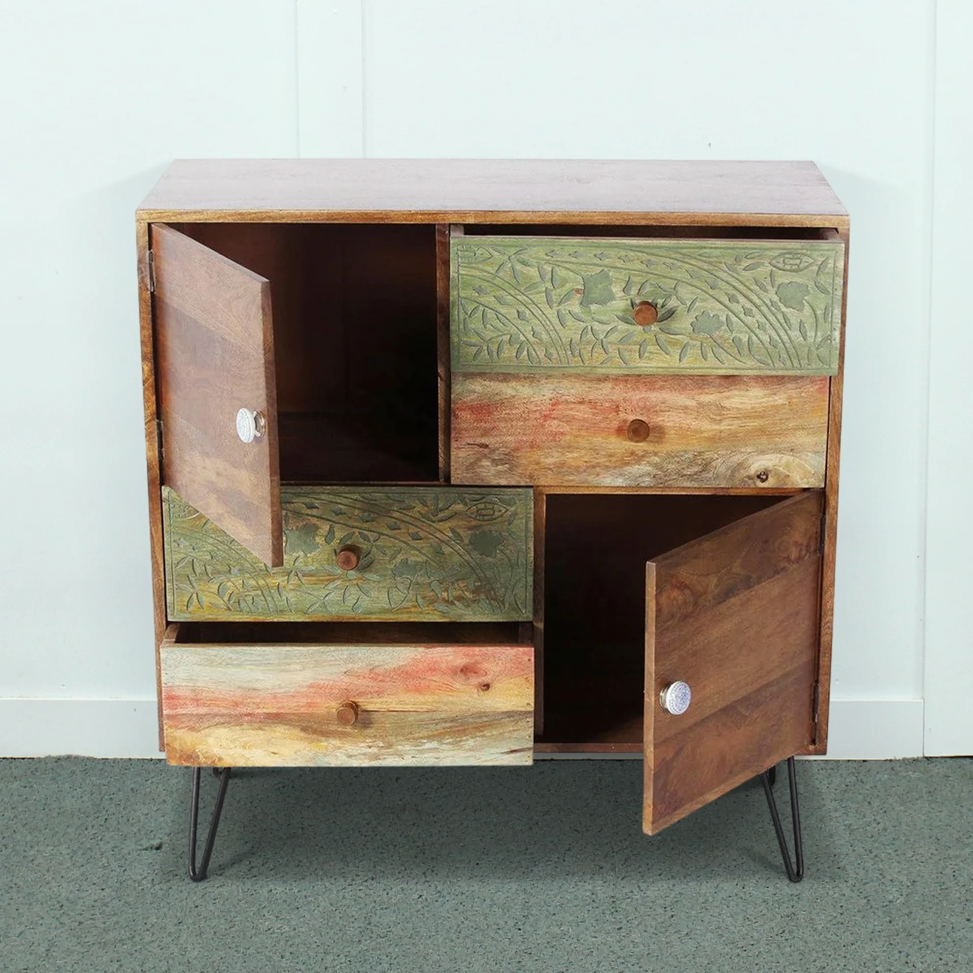 Rustic Industrial Four-Drawer Two-Door Cabinet in Teak Finish Hand Painted Hair Pin Look Metal Legs for Dining Bedroom Storage
