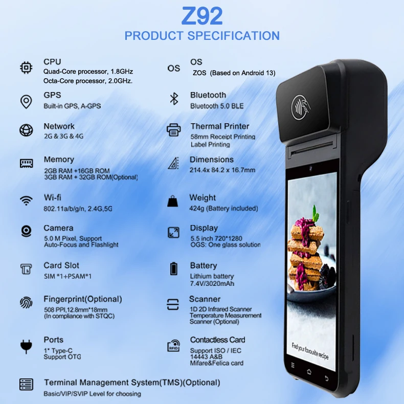Z92 Android 13.0 Smart POS Terminal for Warehouse Management Handheld POS  Machine With Thermal Printer