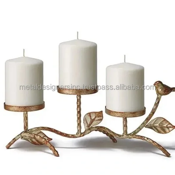 Brassed Vintage look Metal Candles holder with Bird and leaved Wrought iron hammered design decorative Holder For Home and Gift