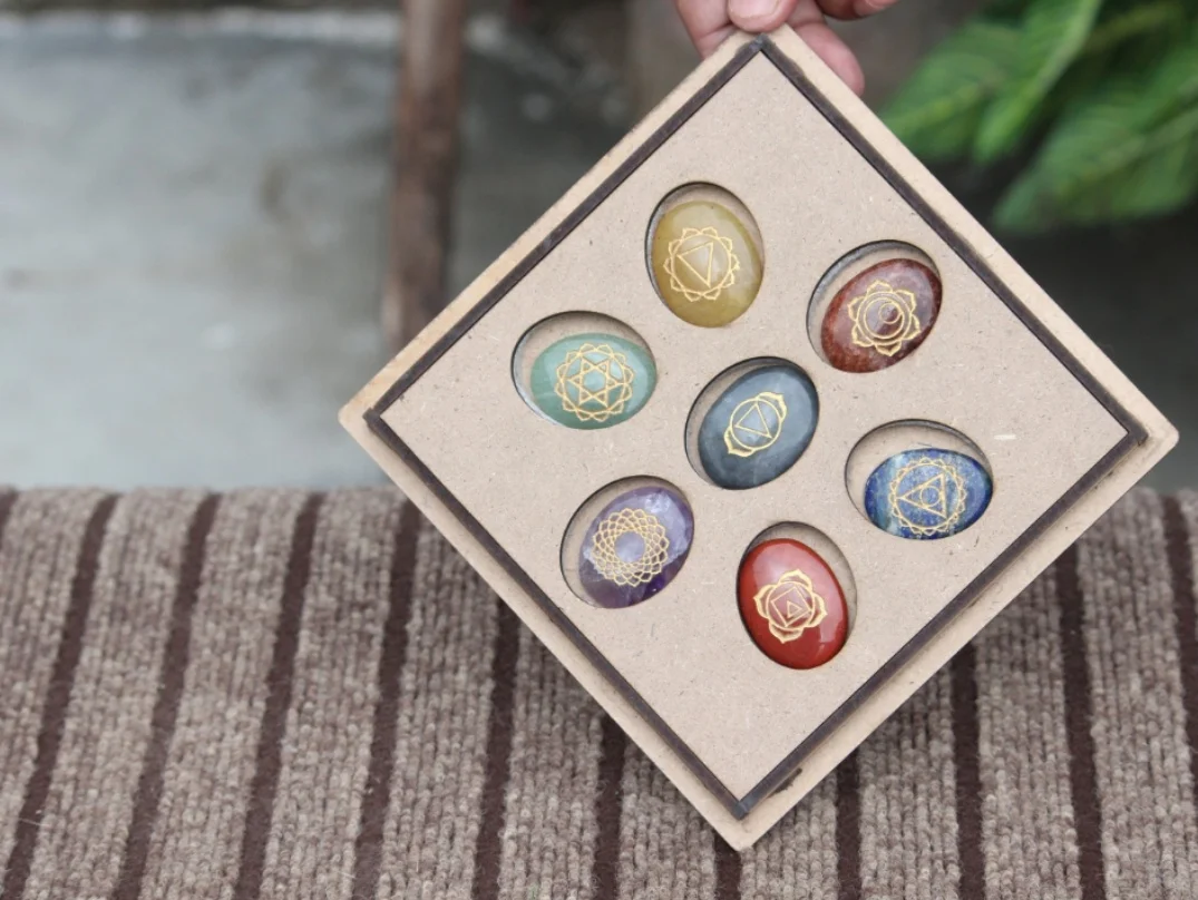 Natural Gemstone Engraved Palm Healing Stone Shape Crystal Seven Chakra Palm Set With Box From Exis Crystal Exports