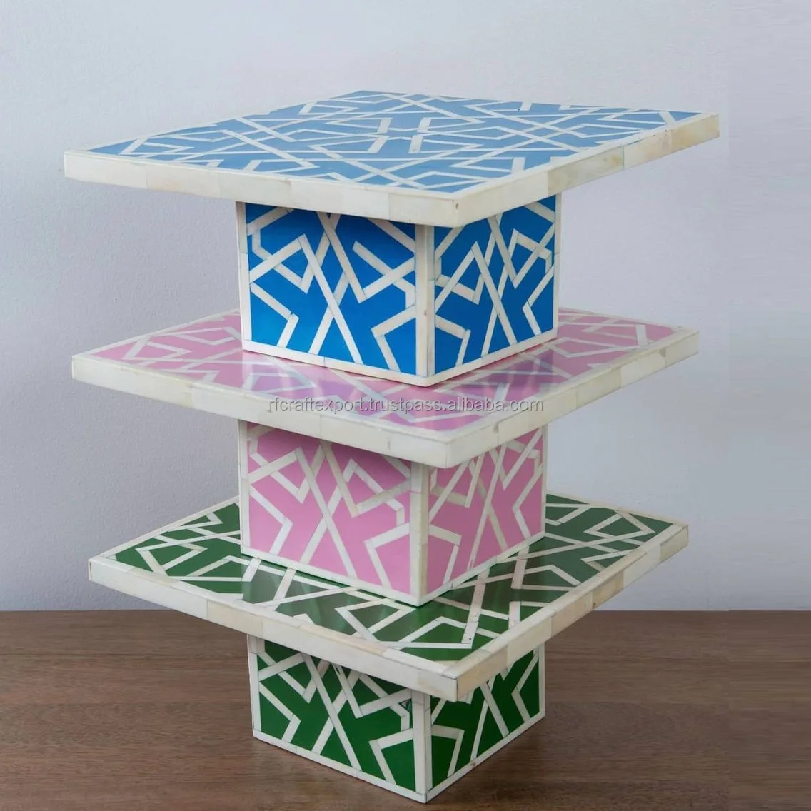 Indian Handmade bone inlay mother of pearl cake stand with flower leaf multi colors pattern wedding cake stand f