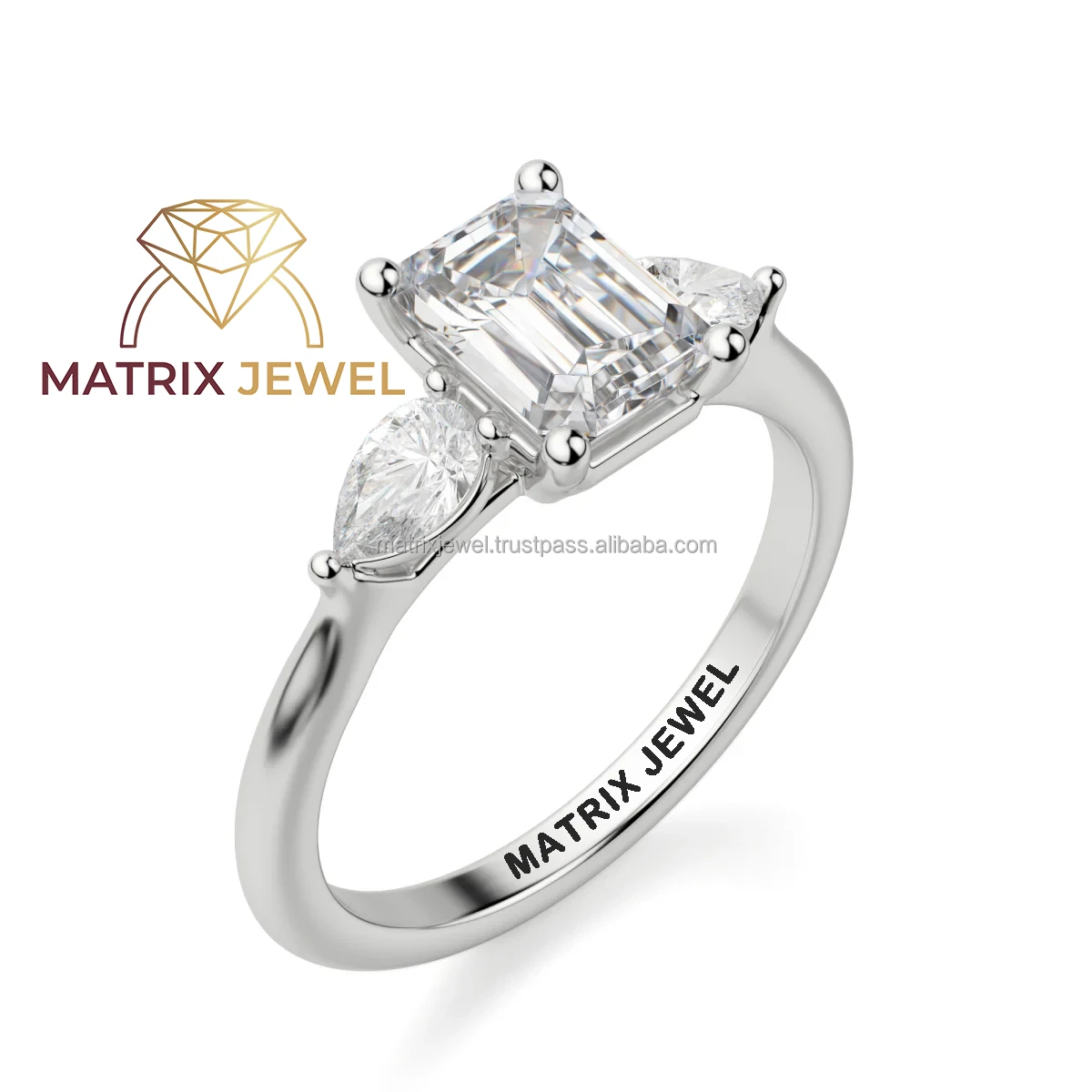 Radiant Cut Moissanite Diamond And Pear Cut Two Tones Diamond  Three Stone Half Eternity Anniversary Ring