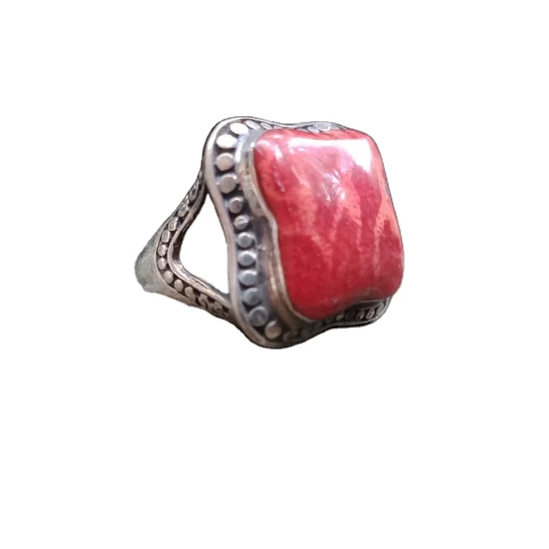 KA-R005-Sterling пунктирной линии кольцо с коралловыми подушки форма Необычные стерлингового серебра подарок для мужчин и женщин уникальный дизайн