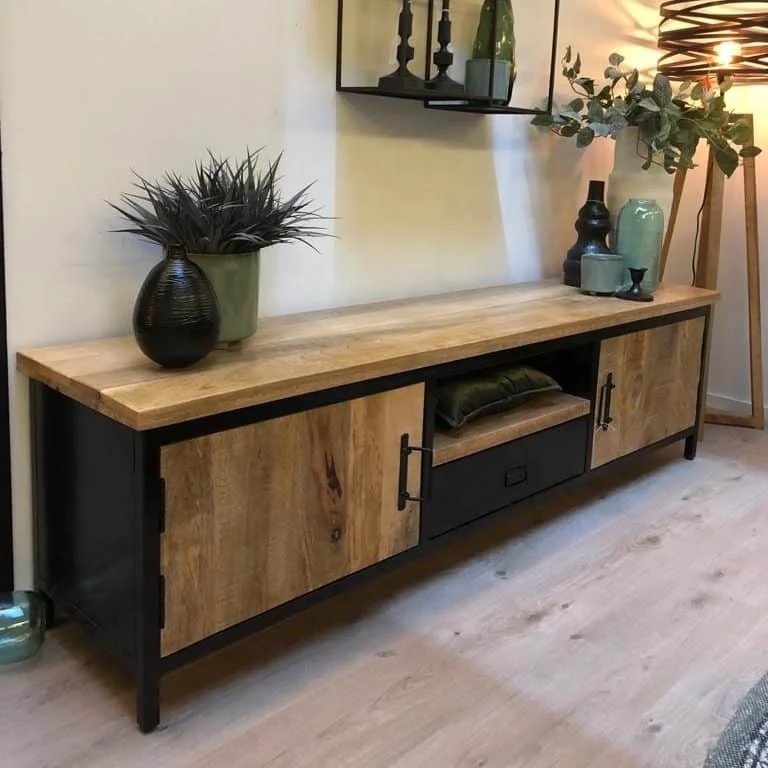 Vintage Industrial TV Media Cabinet Unit Jodhpur Mango Ara Wood TV Unit Cabinet Living Room Iron Wooden TV Cabinet Storage