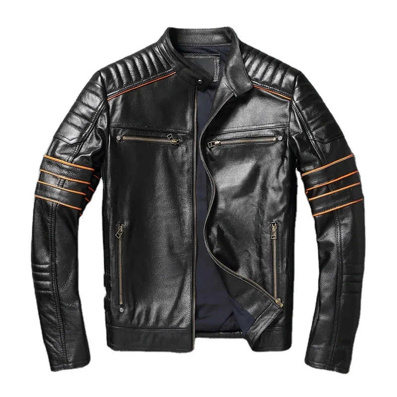 Real Cowhide Coat Genuine Leather Jacket Men Clothes Embroidered Skull Motorcycle Riding Jacket Autumn