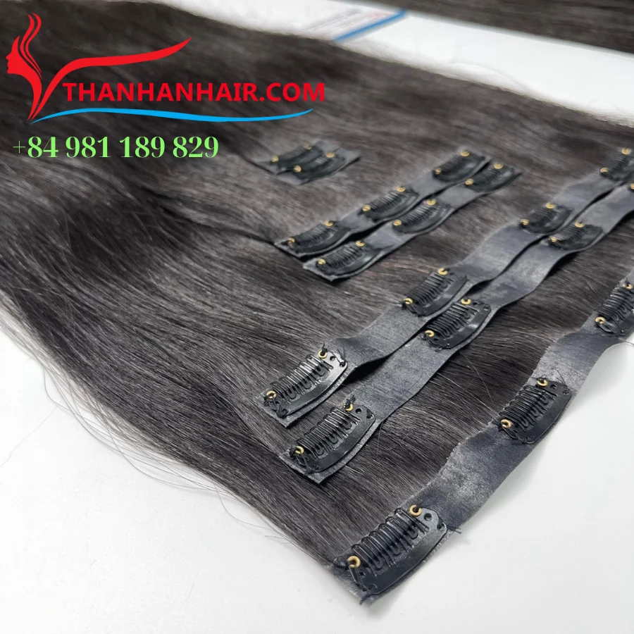 Factory price Natural black Clip-in 100% Vietnamese human Hair Extensions high quality silky no tangle no shedding large stock