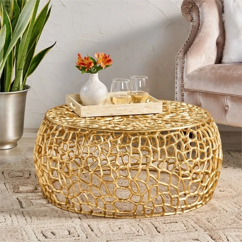 New Collection Modern Contemporary Solid Aluminum Round Mesh Coffee Table with Intricate Design Gold Finished