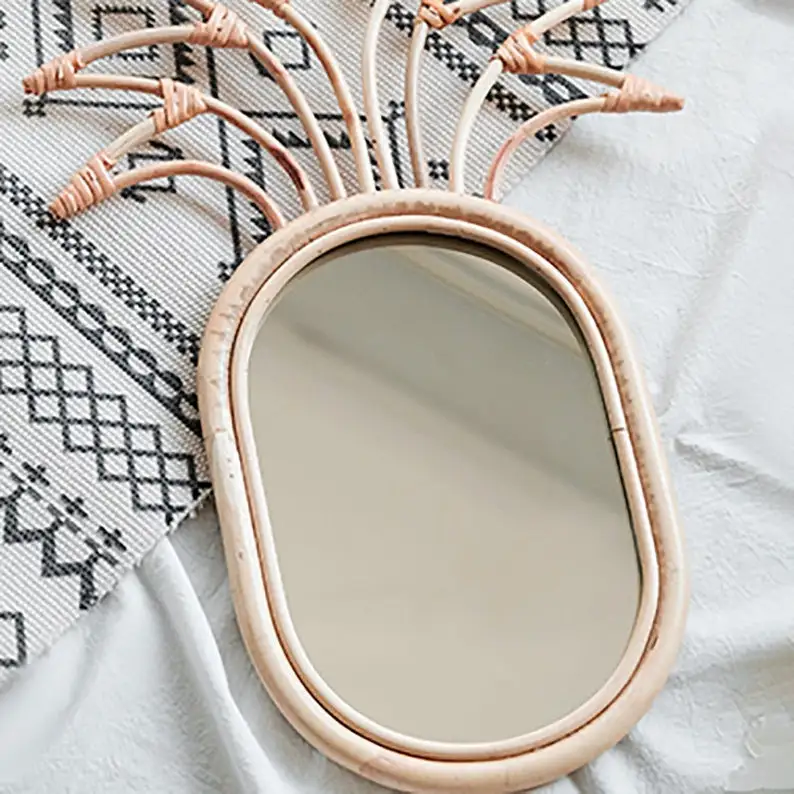 Fruit Shape Rattan Mirror For Bathroom Modern Decorative Wall Hanging Mirror Woven Rattan Bronze