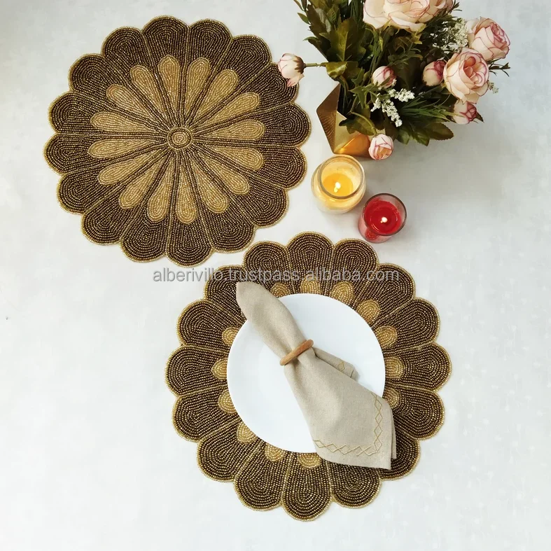 High Quality Home Decoration Placemats for Cup Coaster Flower Shaped Beaded Placemats Seed Bead Placemat Europe Style