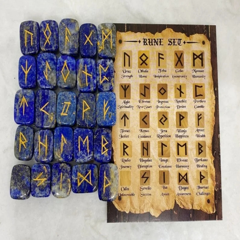 Wholesale Lapis Lazuli Runes Crystal Rune Stones Set Viking Elder futhark Divination Runic Symbols : Lapis Lazuli Rune Set