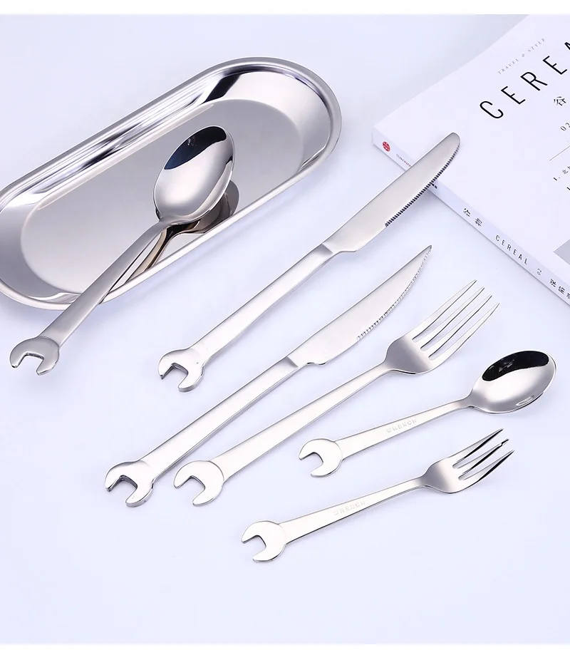 Silver Cutlery Set Of 6 Pieces Stainless Steel Restaurant Metal Flatware Cutlery Set With Screw Driver At One End