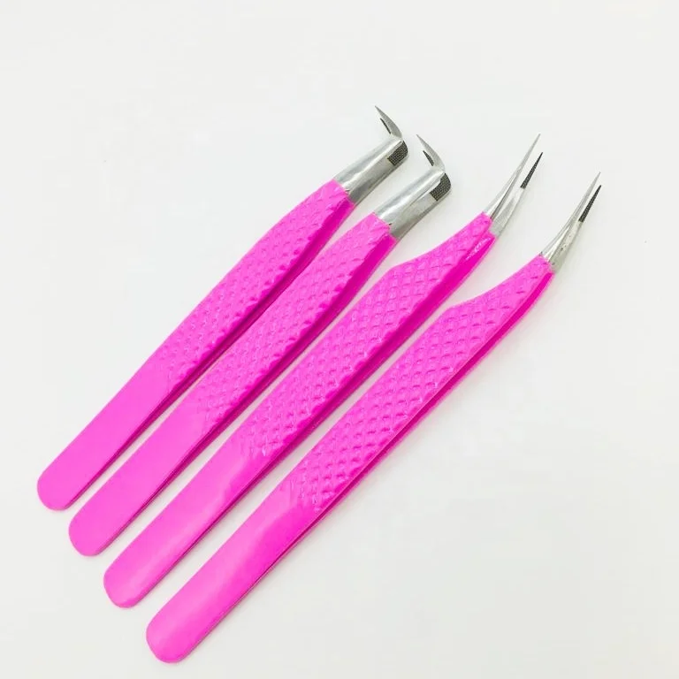 Eyelash Extension Tweezers Fiber Tip With Laser Marking Logo Pink Powder Coating Tweezers Eyelash Stainless Steel Tweezers