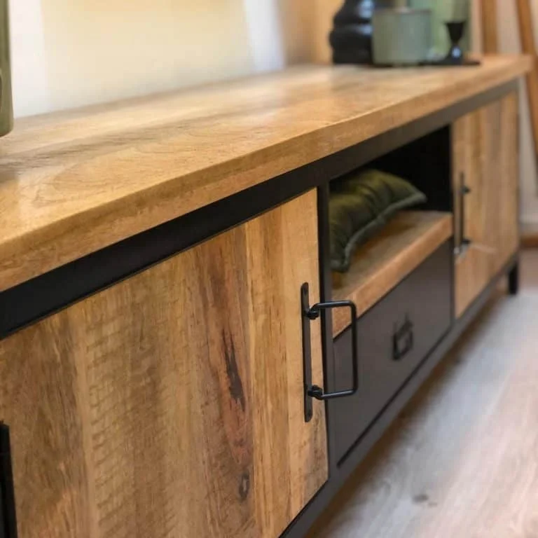 Vintage Industrial TV Media Cabinet Unit Jodhpur Mango Ara Wood TV Unit Cabinet Living Room Iron Wooden TV Cabinet Storage