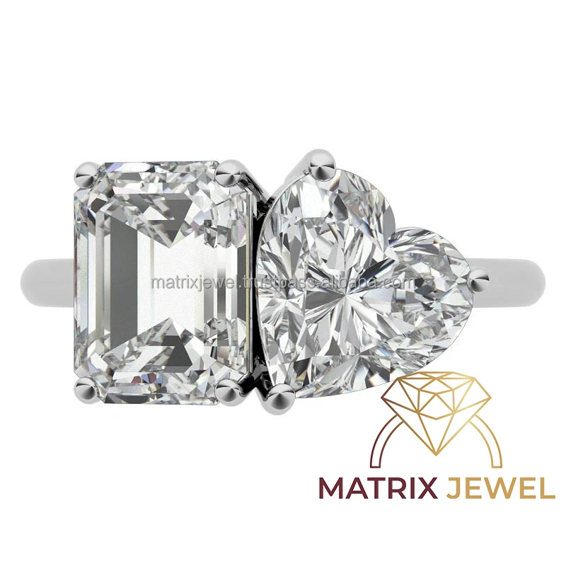 1.25Ct Heart and 1.37Ct Emerald Cut Moissanite Toi et Moi Engagement Ring in 925 Silver Simulated Diamond Anniversary Gift