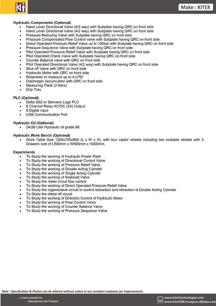 High Quality Hydraulic Trainer for School Education & Vocational Training Educational Teaching Equipment