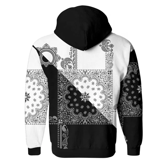 Most Fashionable Black And White Bandana Print Style Printed Unisex Zipper Hoodies For Sale With Ribbed Waist Hems