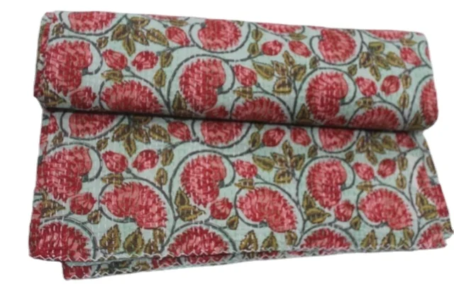 Hand Block Cotton Bedding Bedspread Reversible Twin Blanket Kantha Quilt For Home Decoration