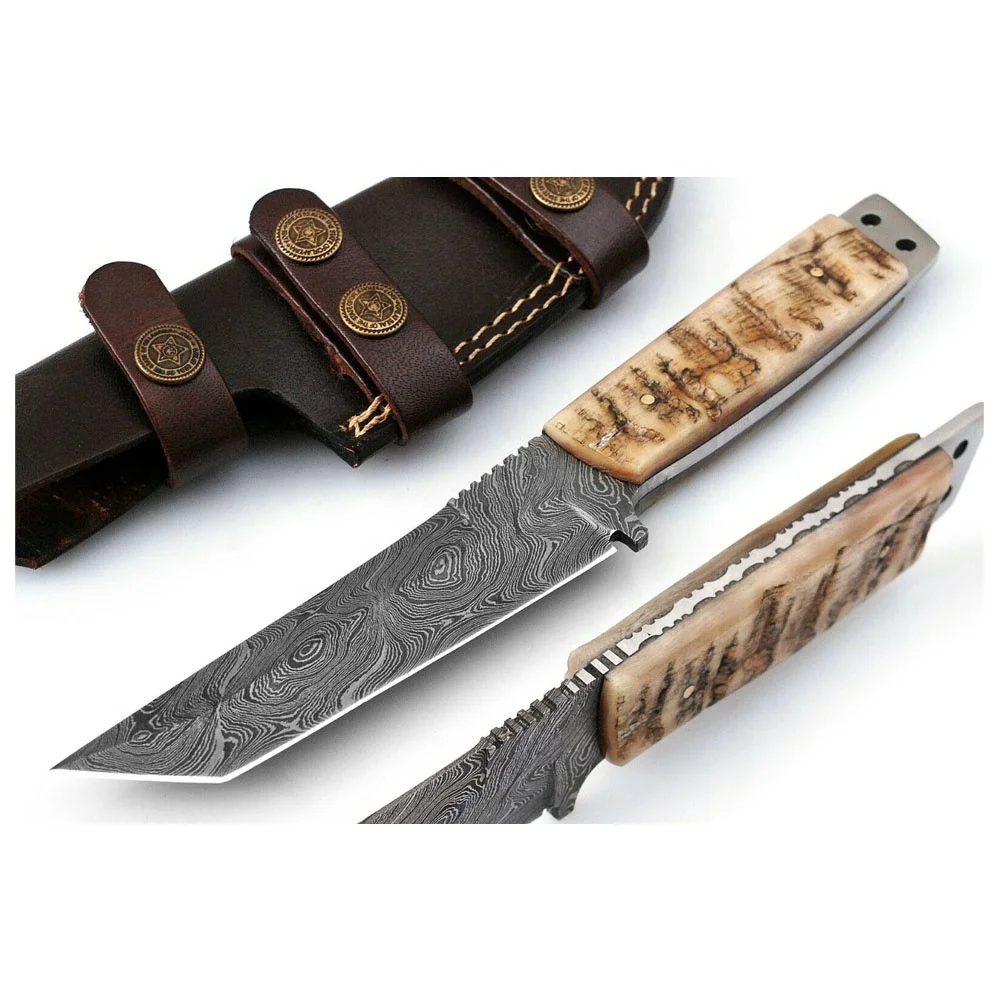 Beautiful Sizzco Handmade Damascus Steel Fixed Forged Blade Hunting Camping Skinner Tanto Knife Gift For Him Handle Ram Horn