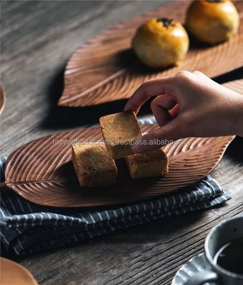 Nature Inspired Leaf Shaped Wooden Serving Tray for Entertaining Bring the Outdoors to Your Table with Agate Accents