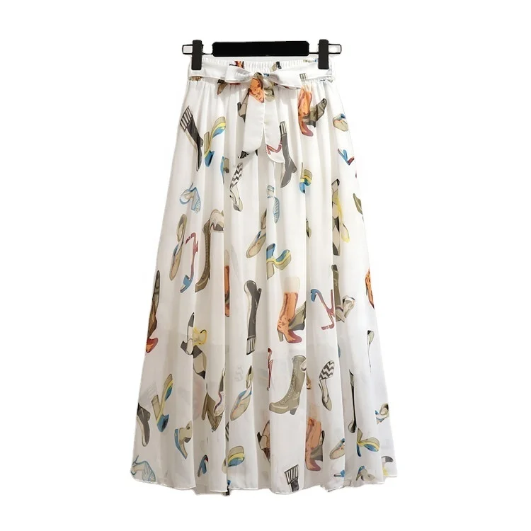 Wholesale Women Clothing Elegant High Waist Pleated Lace Trim Chiffon Silk Maxi Skirt Casual Dresses Light Denim