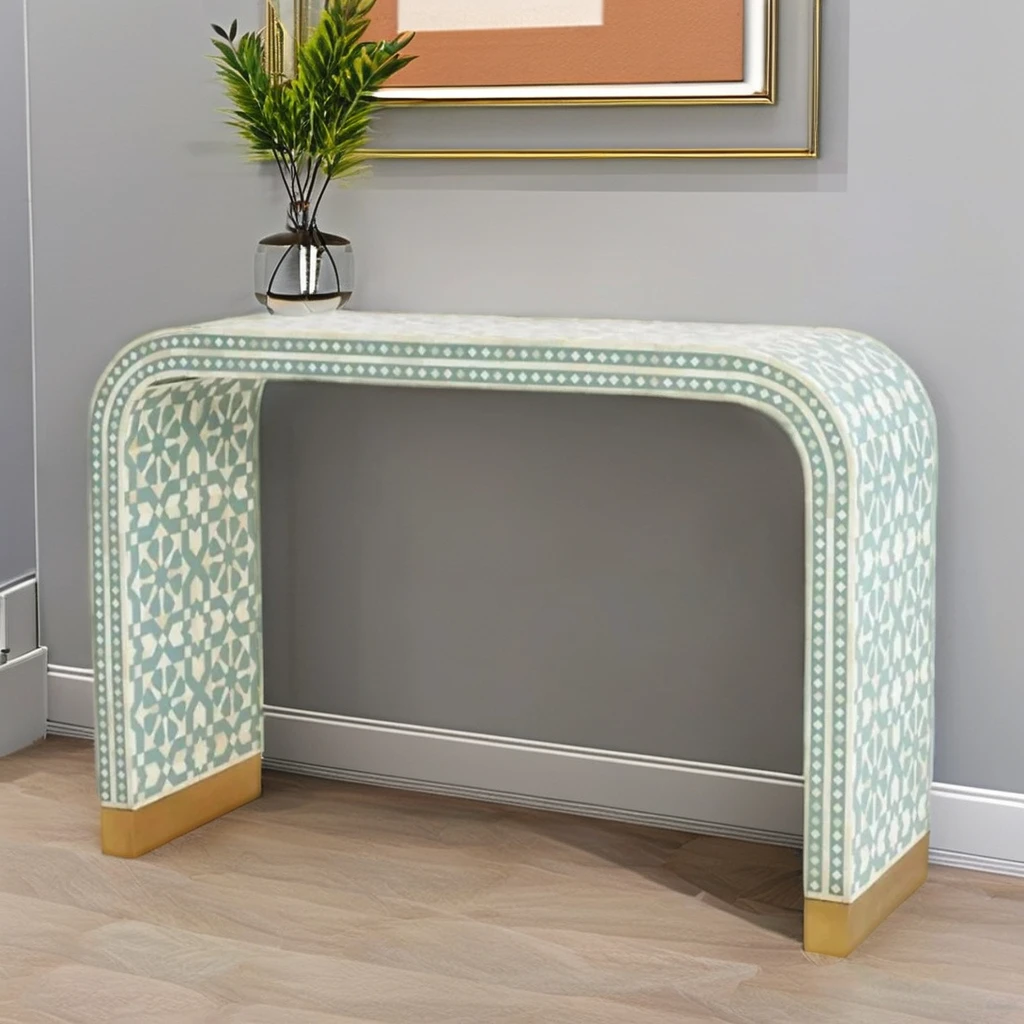 Modern Style Antique round Console Table with Bone Inlay Handmade Panel Wood Furniture for Home Living Room Bedroom or Hotel