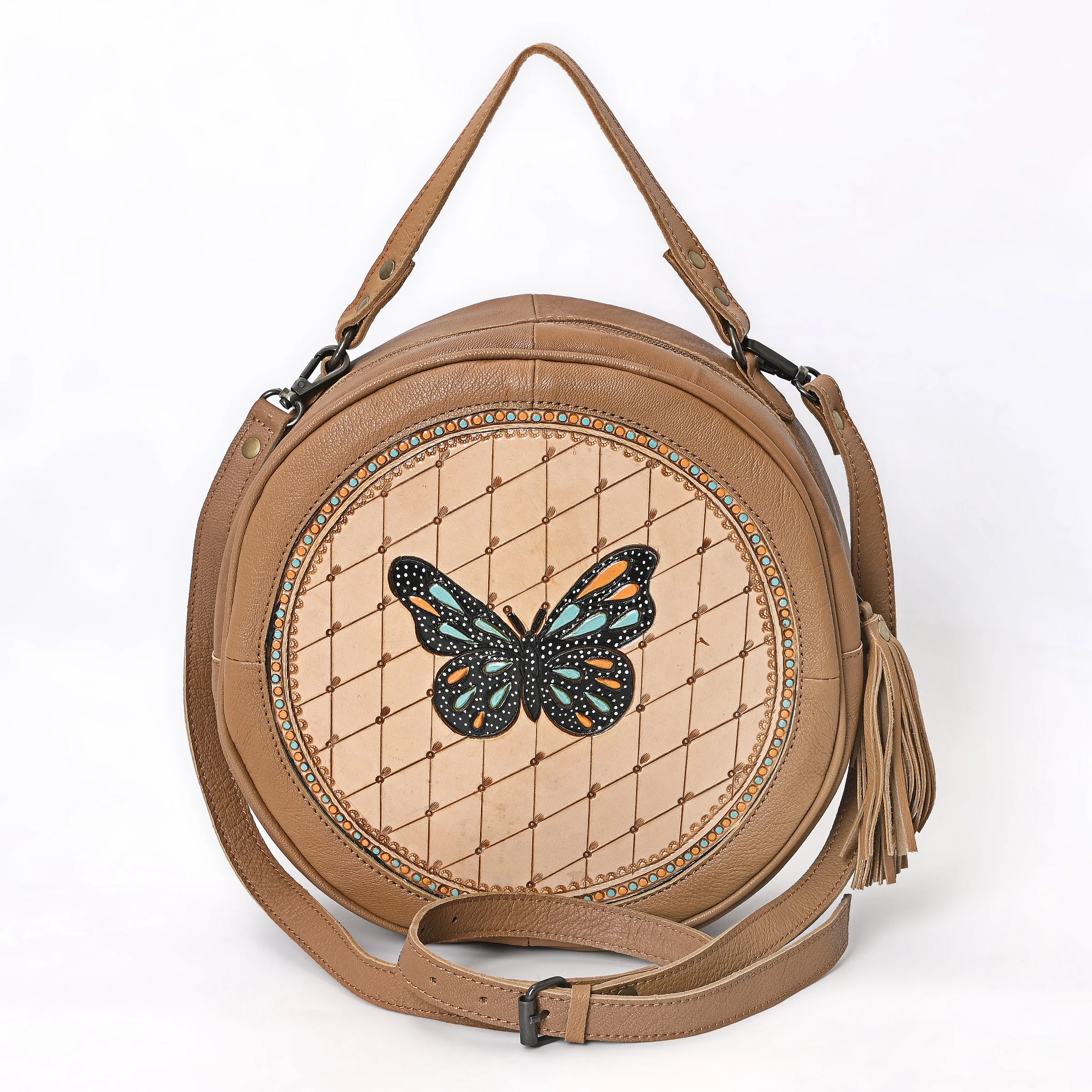 Handmade Tooled Carved Leather Canteen Bag Round Handbag Women Shoulder Sling Bag Vegetable Tanned Colorful Painting Customized